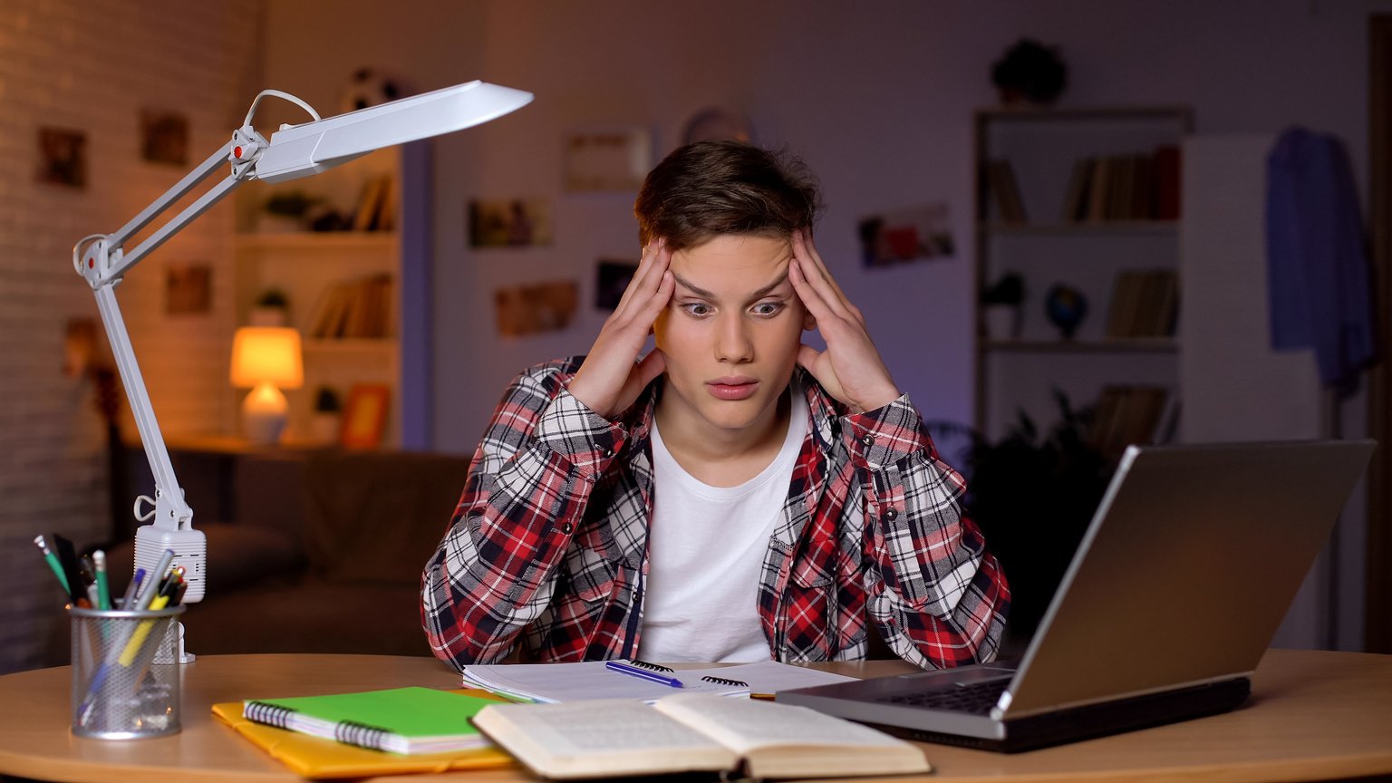 Teen student cant concentrate to make hard math assignment, test preparation